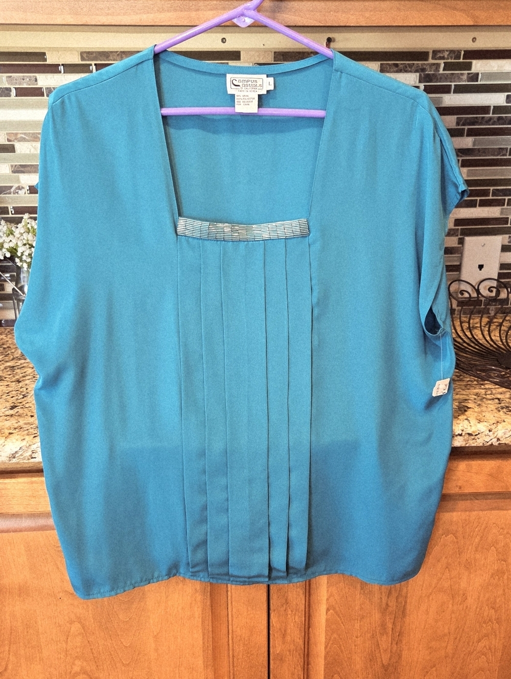 Vtg Campus Casuals of California Teal Pleated Blouse Beaded Accent Size Large